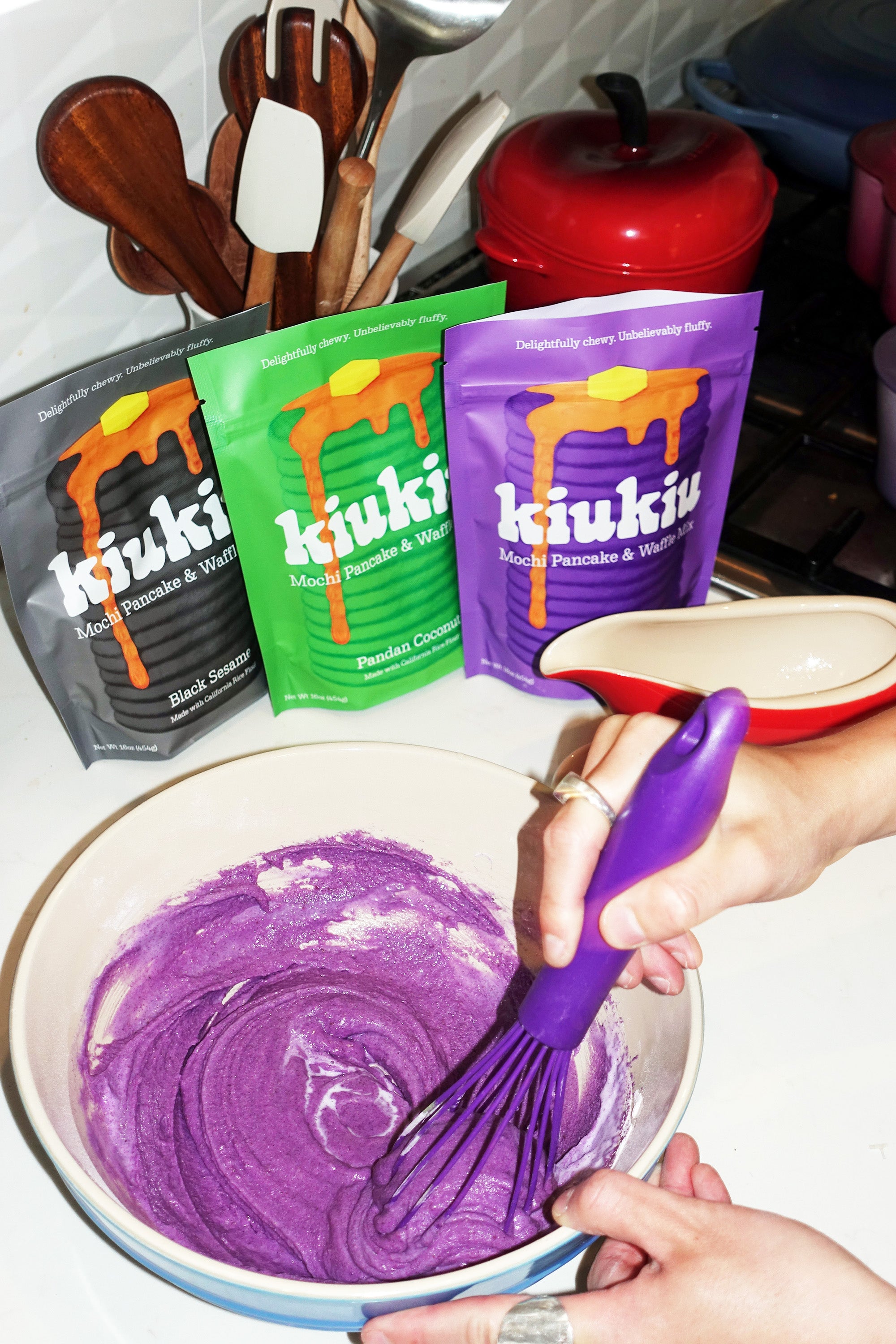 KiuKiu Mochi Pancake & Waffle Mix Ube Pandan Coconut Black Sesame bags 